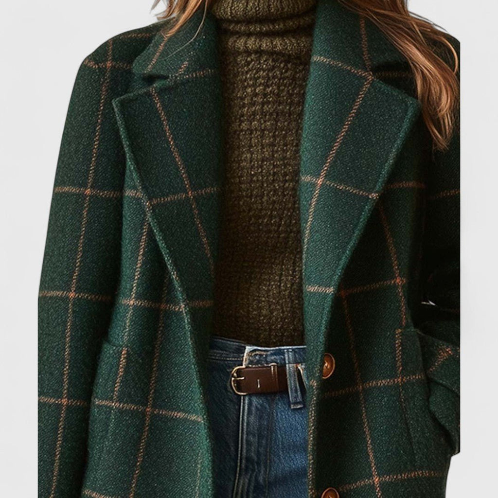 Ymke - Tussenjas Dames Lang Geruit met Knoopsluiting Warm en Chic
