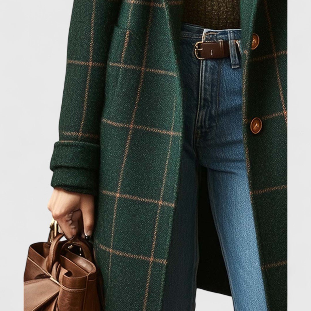 Ymke - Tussenjas Dames Lang Geruit met Knoopsluiting Warm en Chic