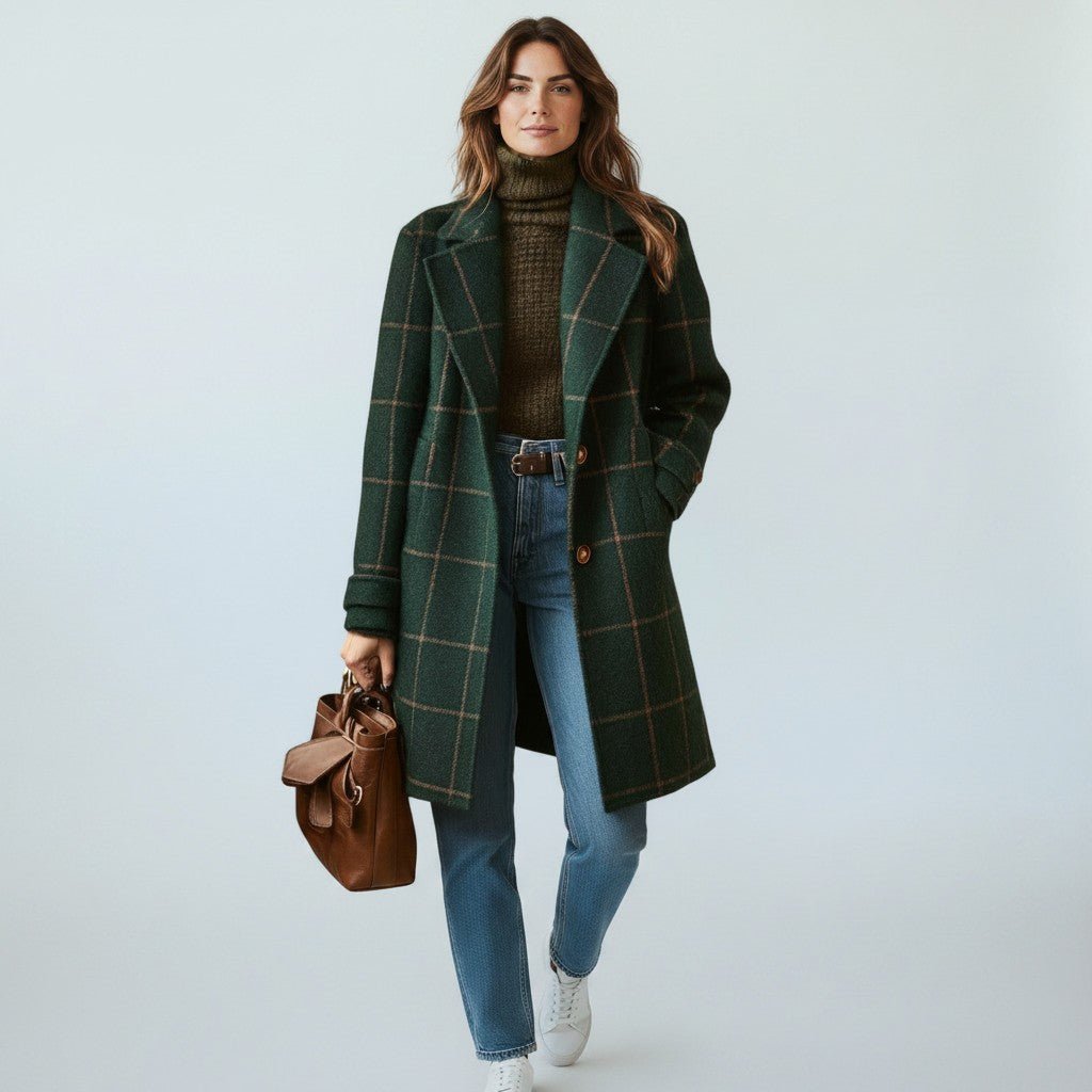 Ymke - Tussenjas Dames Lang Geruit met Knoopsluiting Warm en Chic