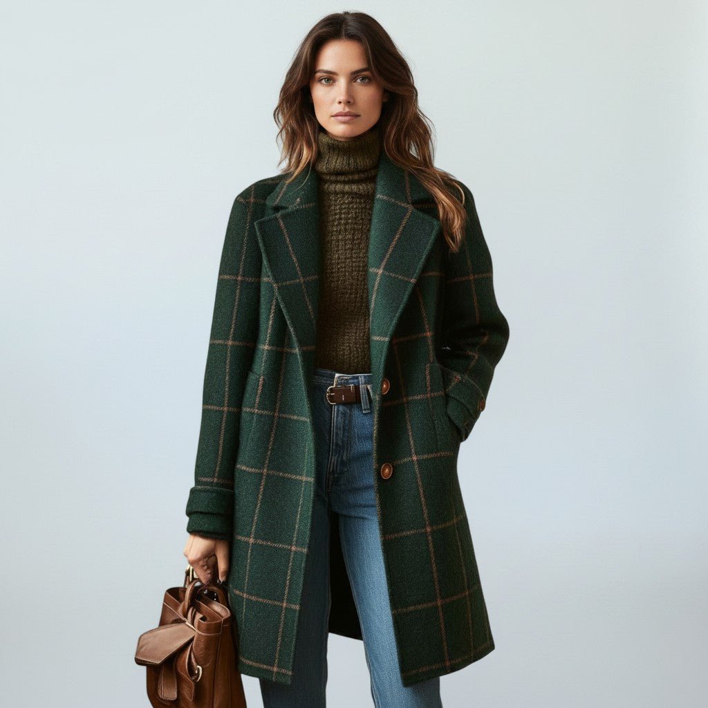 Ymke - Tussenjas Dames Lang Geruit met Knoopsluiting Warm en Chic