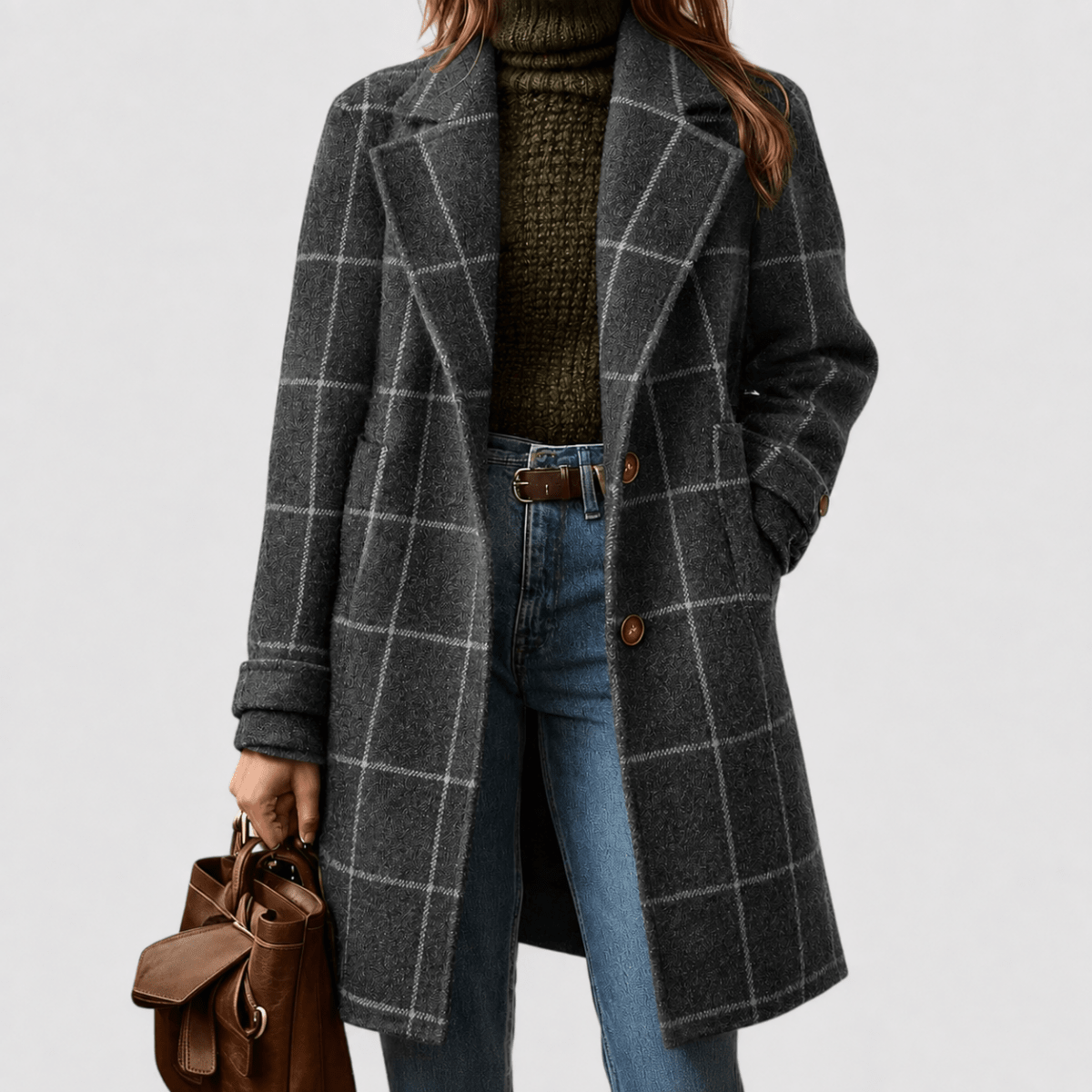 Ymke - Tussenjas Dames Lang Geruit met Knoopsluiting Warm en Chic