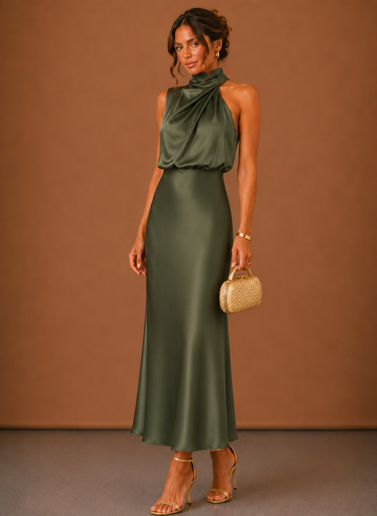 Merel - Maxi Jurk Dames Halter met Gedrapeerde Hals Vrouwelijk en Verfijnd