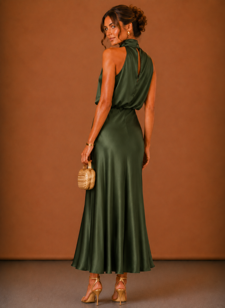 Merel - Maxi Jurk Dames Halter met Gedrapeerde Hals Vrouwelijk en Verfijnd
