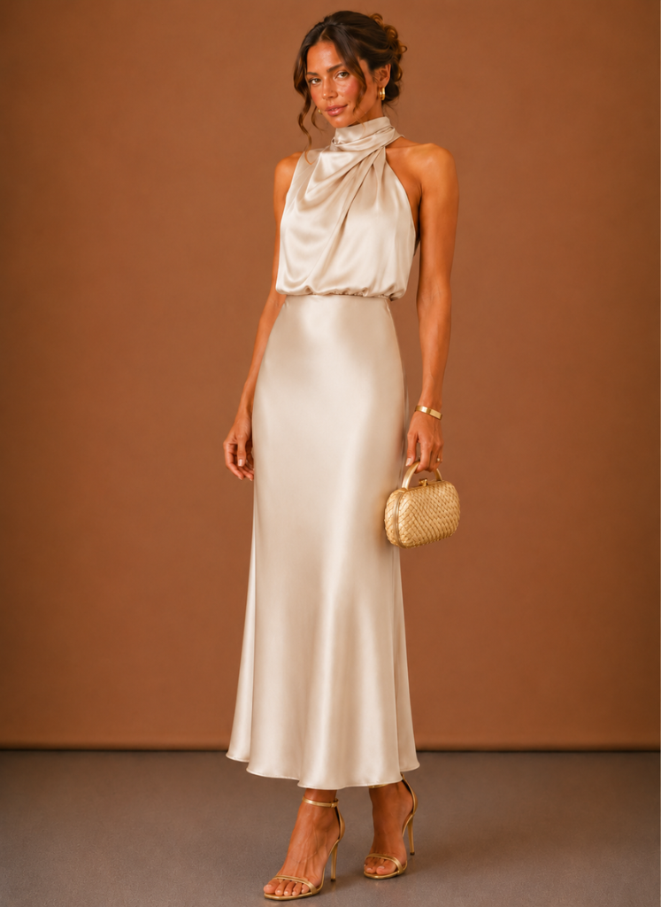Merel - Maxi Jurk Dames Halter met Gedrapeerde Hals Vrouwelijk en Verfijnd