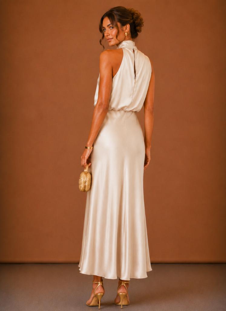 Merel - Maxi Jurk Dames Halter met Gedrapeerde Hals Vrouwelijk en Verfijnd