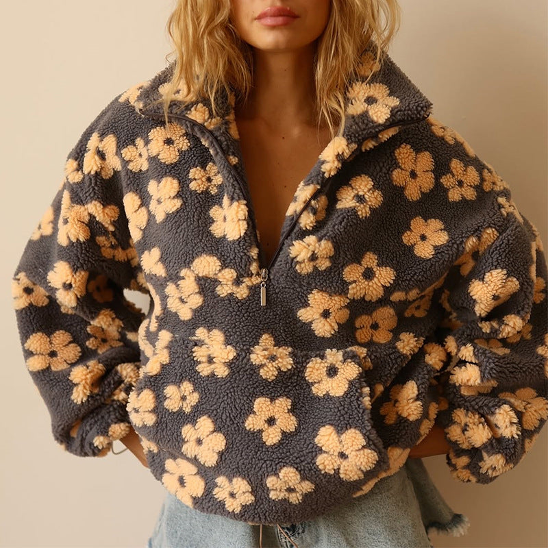 Marit - Trui Dames Oversized met Rits en Bloemenprint Knus en Speels