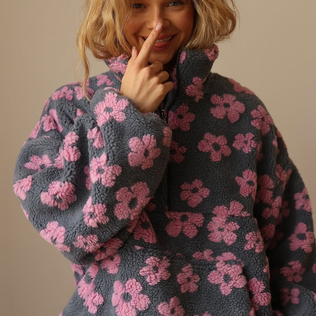 Marit - Trui Dames Oversized met Rits en Bloemenprint Knus en Speels