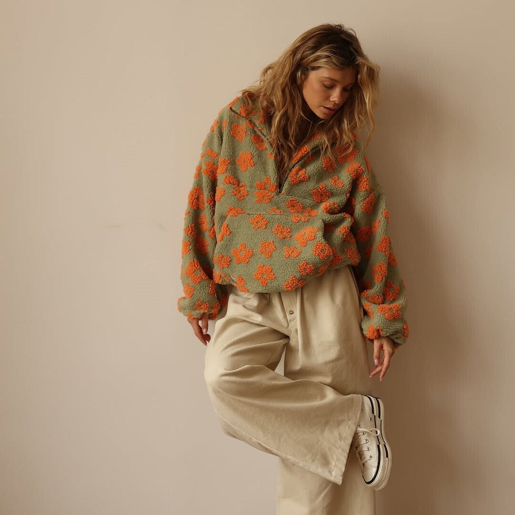 Marit - Trui Dames Oversized met Rits en Bloemenprint Knus en Speels