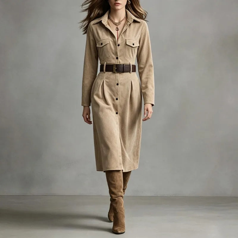 Mirthe - Blousejurk Dames Midi met Lange Mouwen en Ceintuur Stoer en Chic