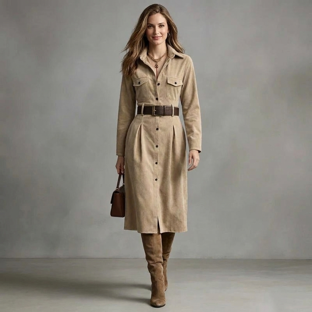 Mirthe - Blousejurk Dames Midi met Lange Mouwen en Ceintuur Stoer en Chic