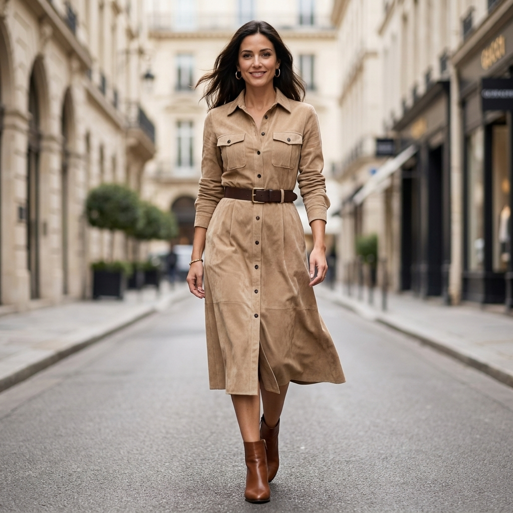 Mirthe - Blousejurk Dames Midi met Lange Mouwen en Ceintuur Stoer en Chic