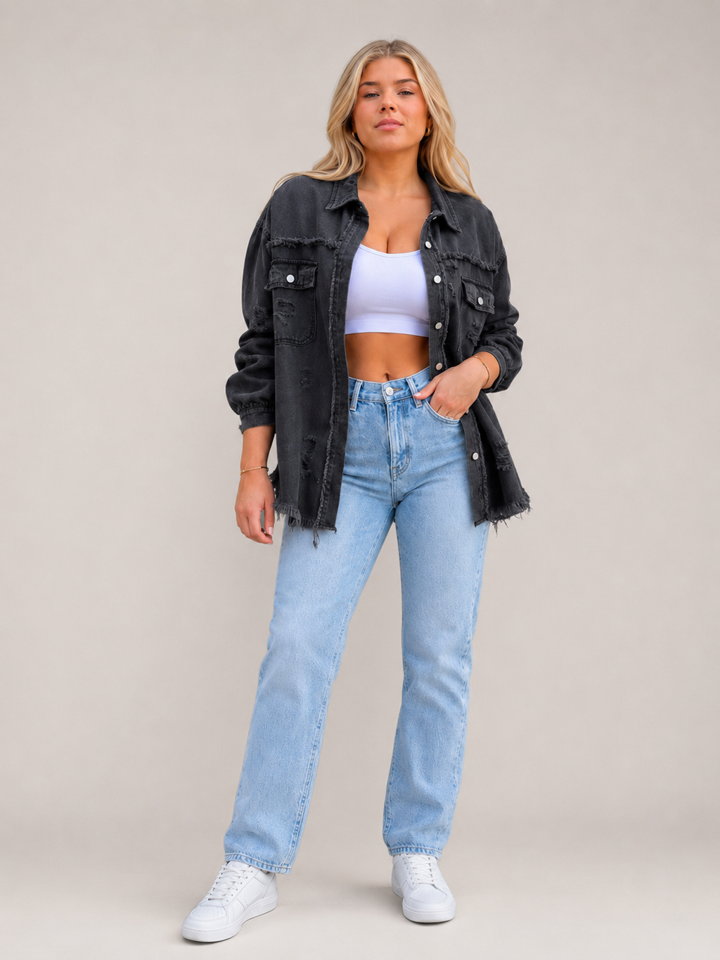 Sjoukje - Tussenjas Dames Oversized met Drukknopen en Gerafelde Zoom Urban