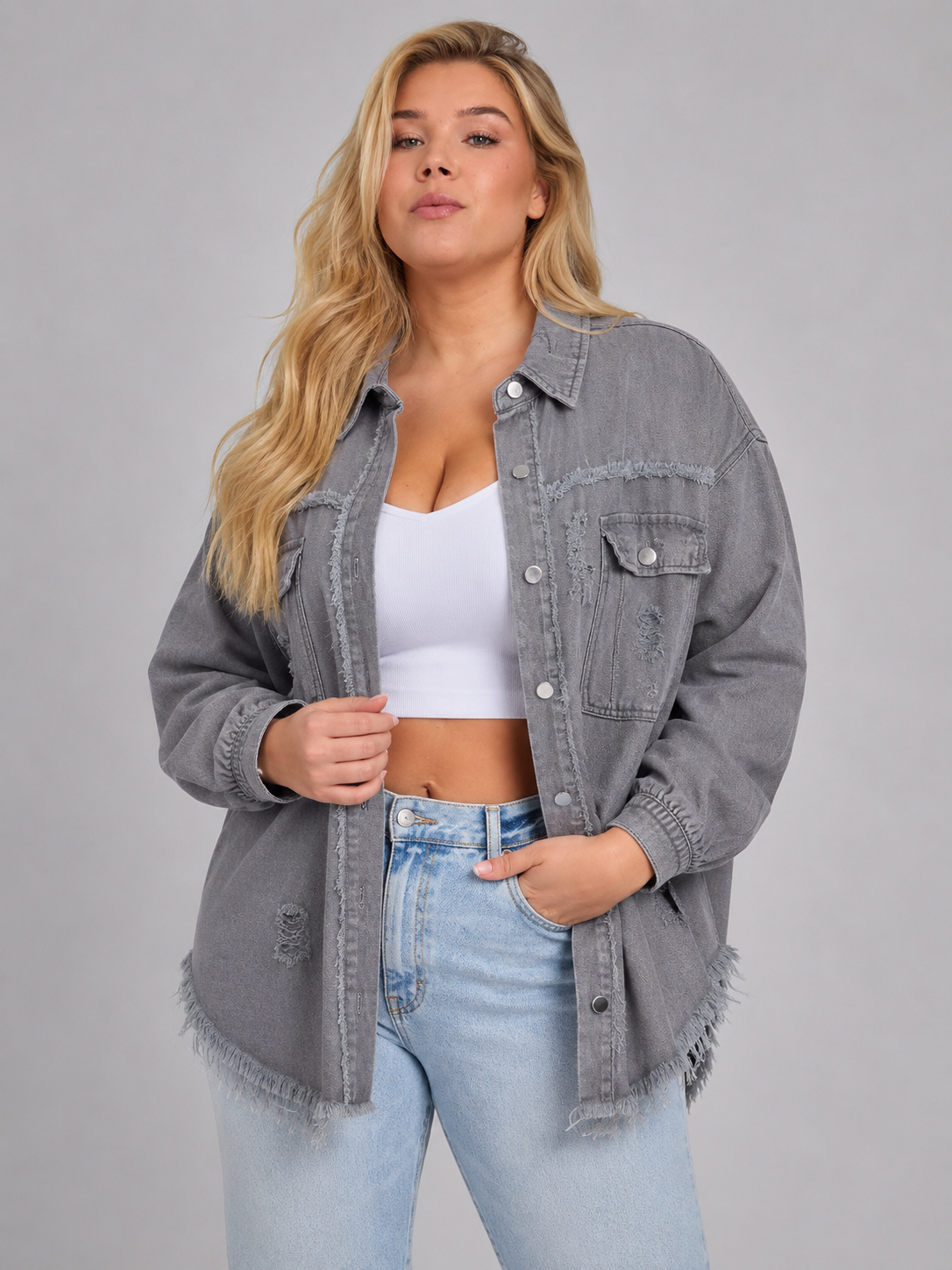 Sjoukje - Tussenjas Dames Oversized met Drukknopen en Gerafelde Zoom Urban
