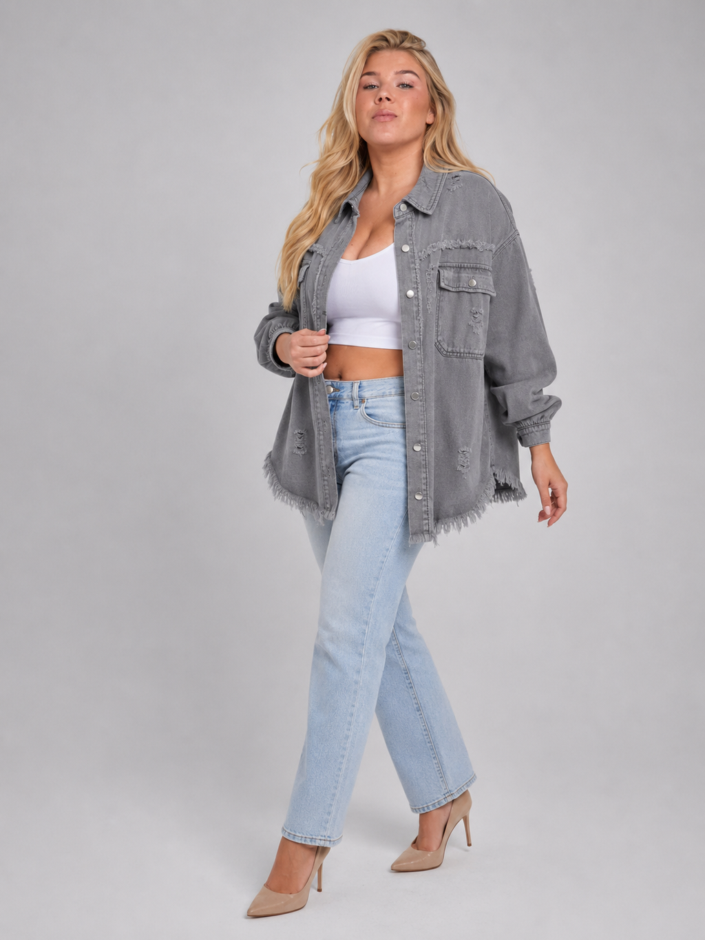 Sjoukje - Tussenjas Dames Oversized met Drukknopen en Gerafelde Zoom Urban