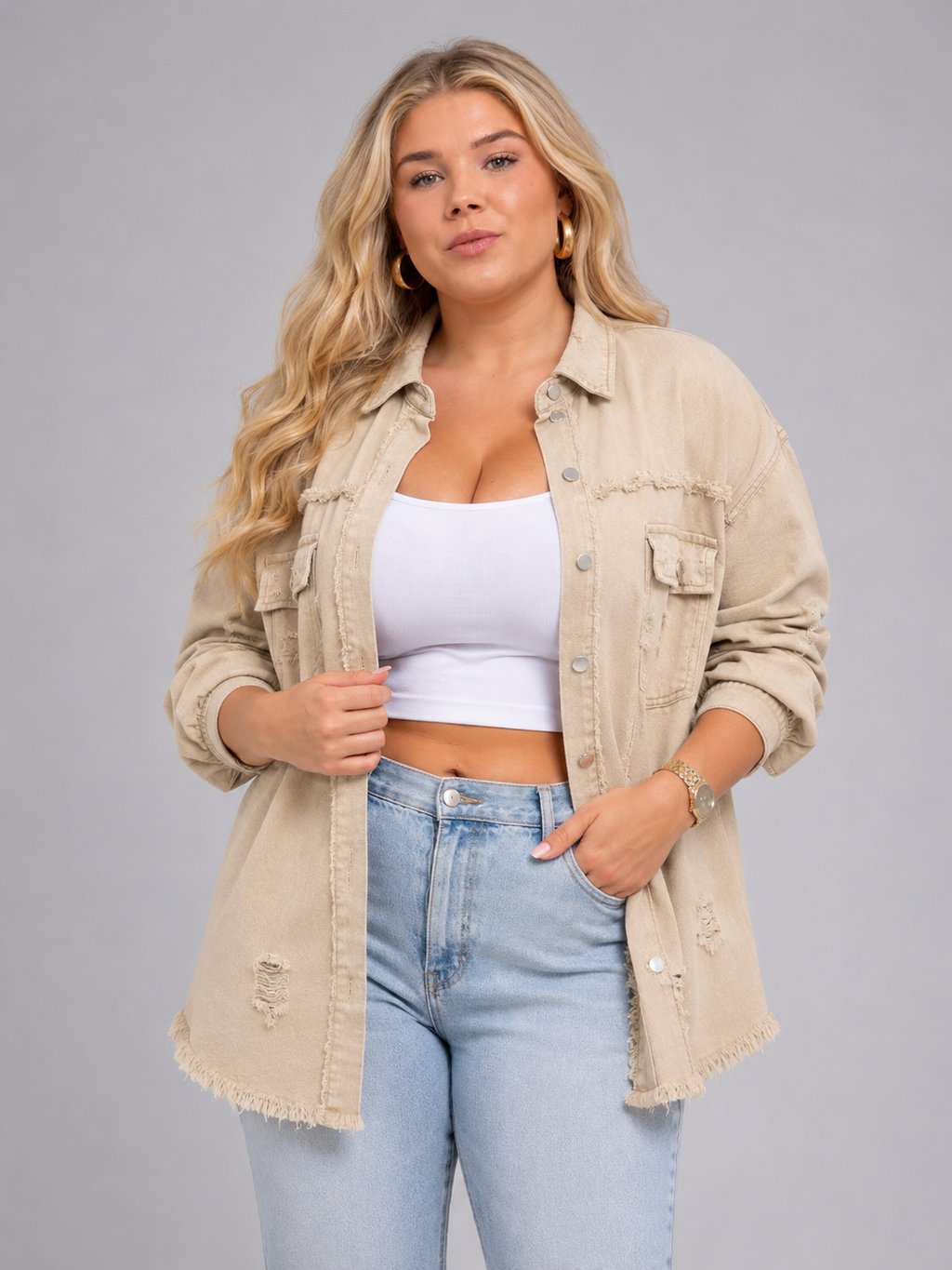 Sjoukje - Tussenjas Dames Oversized met Drukknopen en Gerafelde Zoom Urban