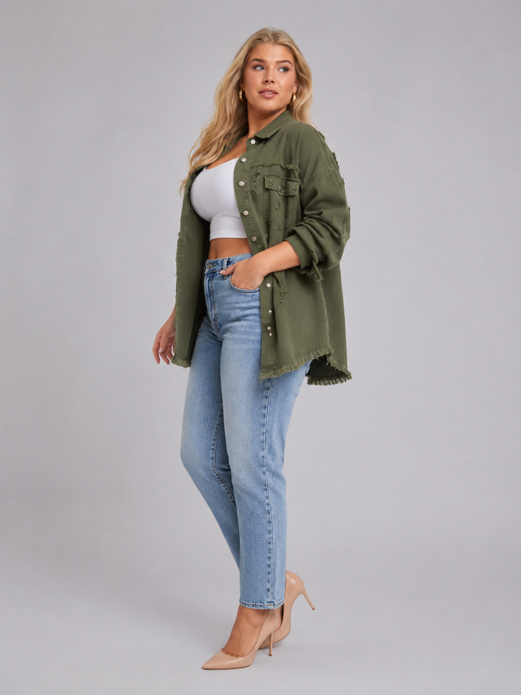 Sjoukje - Tussenjas Dames Oversized met Drukknopen en Gerafelde Zoom Urban