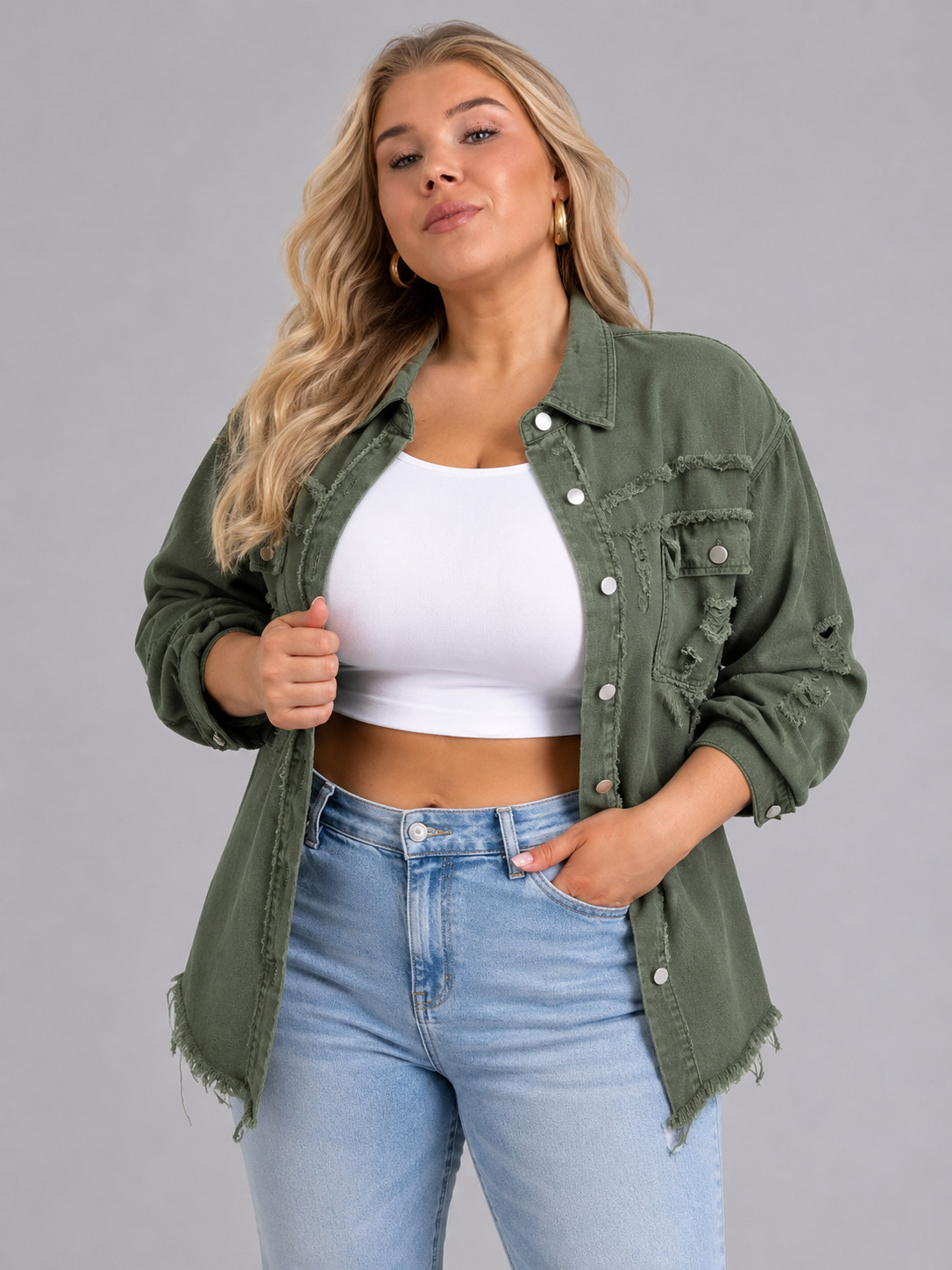 Sjoukje - Tussenjas Dames Oversized met Drukknopen en Gerafelde Zoom Urban