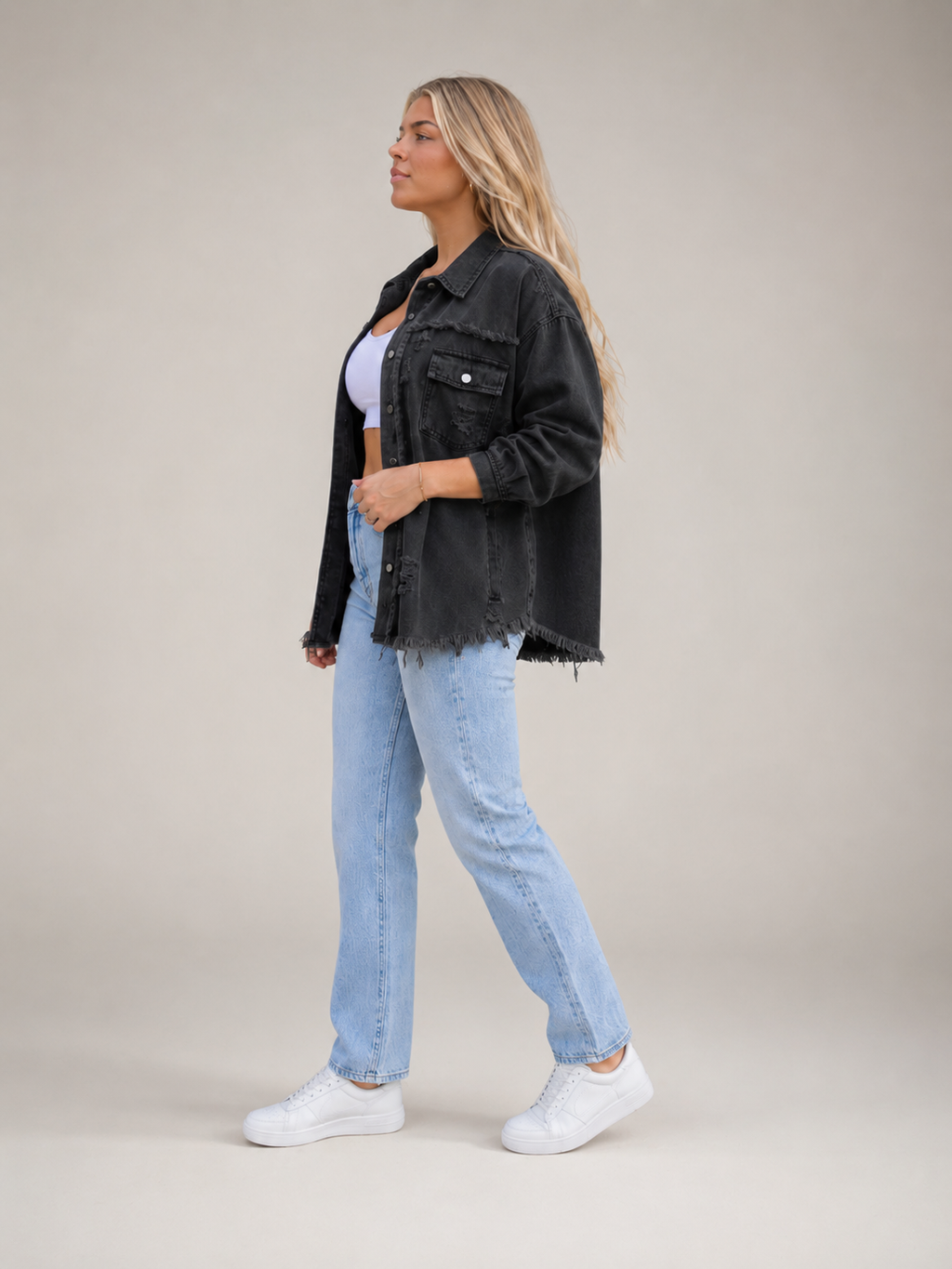 Sjoukje - Tussenjas Dames Oversized met Drukknopen en Gerafelde Zoom Urban