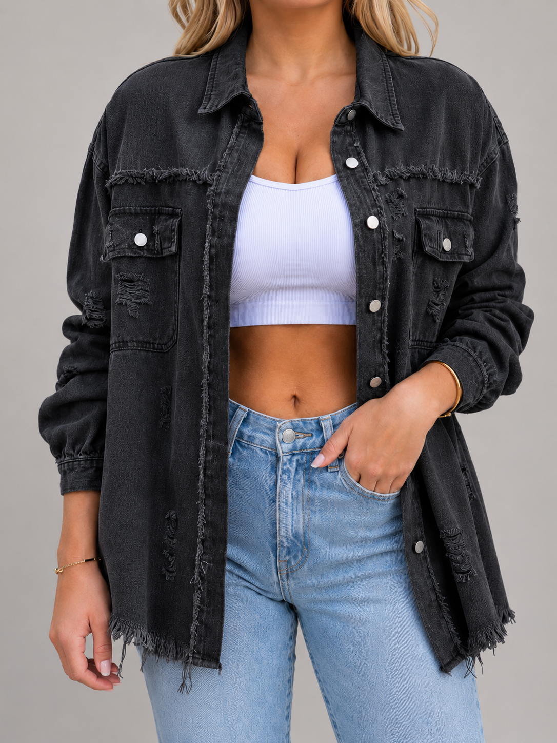 Sjoukje - Tussenjas Dames Oversized met Drukknopen en Gerafelde Zoom Urban
