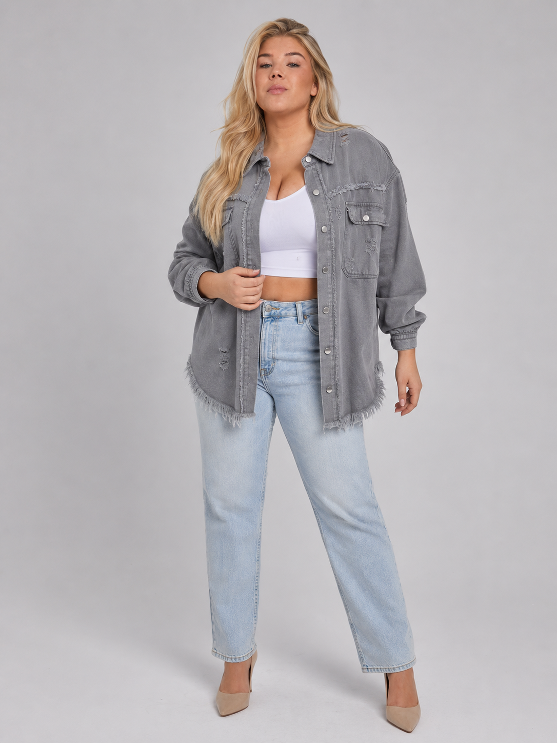 Sjoukje - Tussenjas Dames Oversized met Drukknopen en Gerafelde Zoom Urban