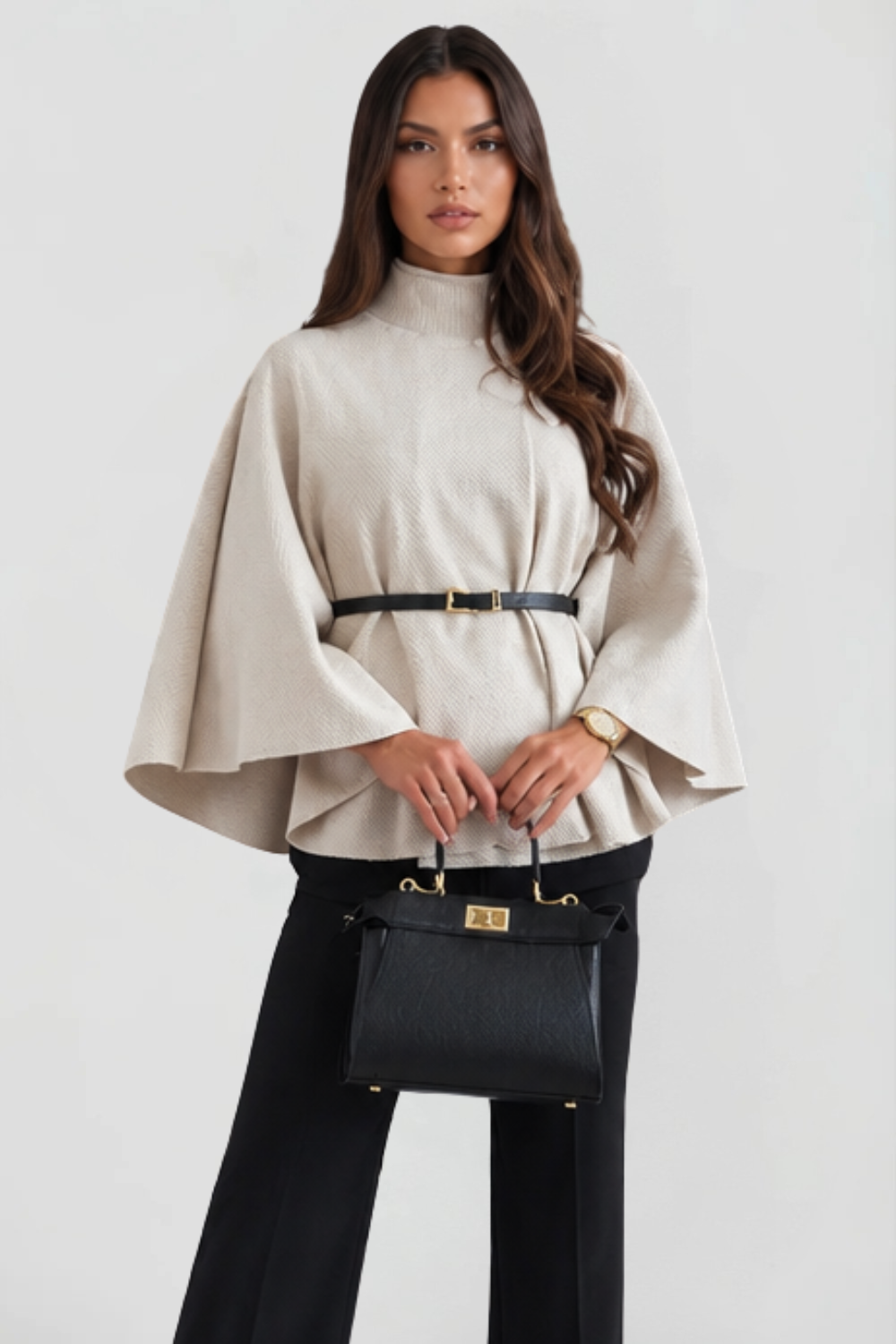 Capejas Dames Oversized met Opstaande Kraag en Ceintuur Elegant