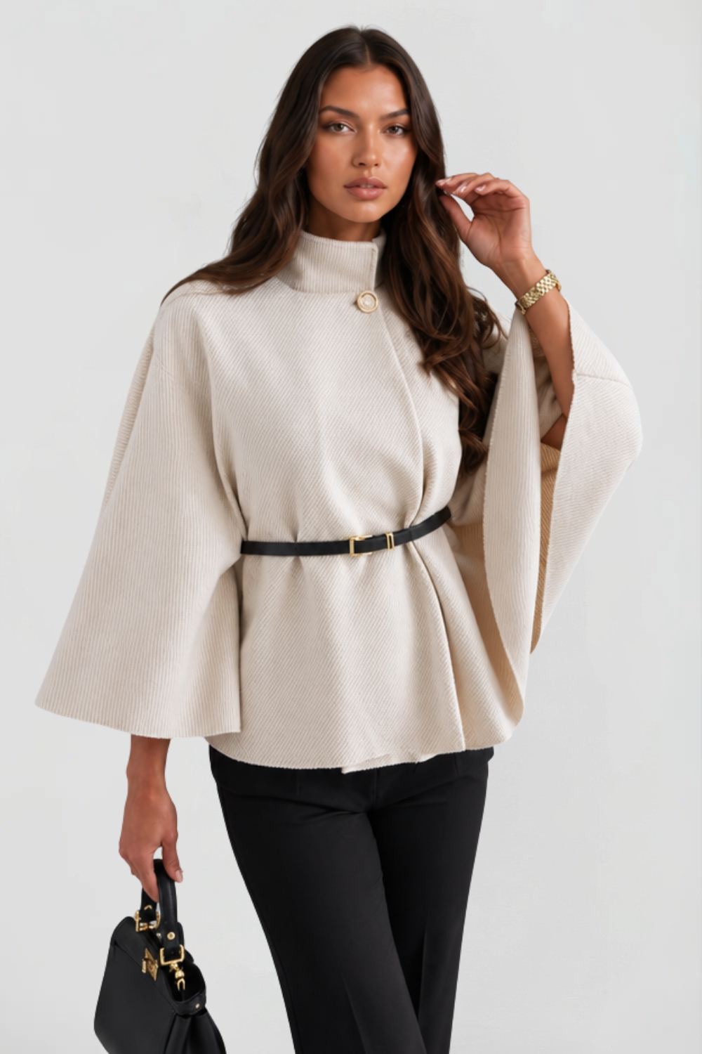 Capejas Dames Oversized met Opstaande Kraag en Ceintuur Elegant