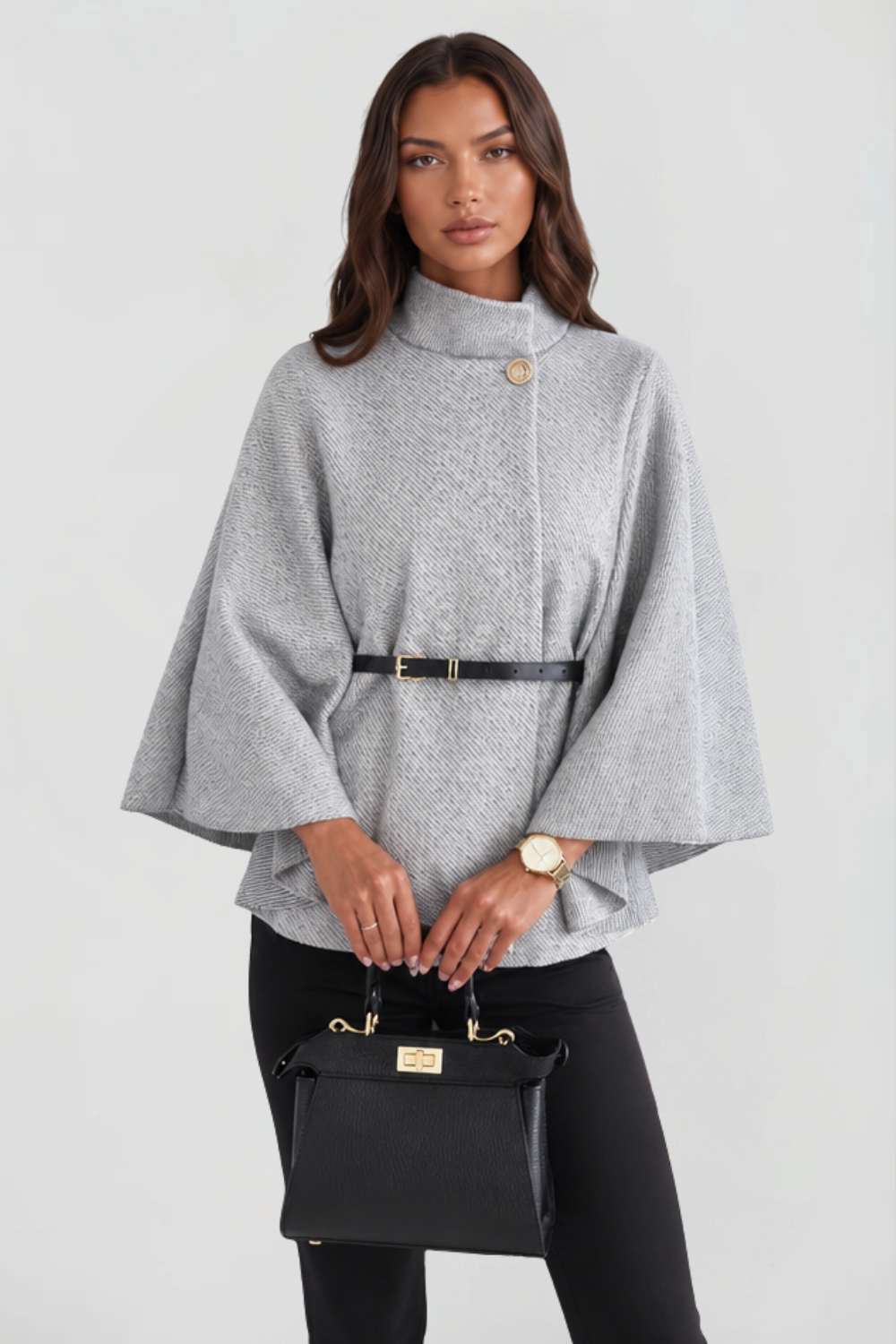 Capejas Dames Oversized met Opstaande Kraag en Ceintuur Elegant