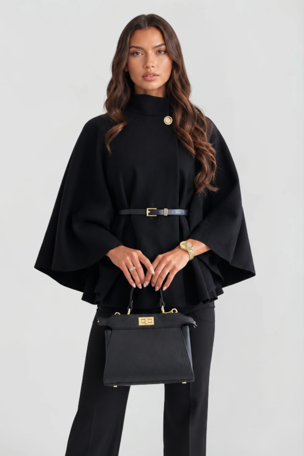 Capejas Dames Oversized met Opstaande Kraag en Ceintuur Elegant