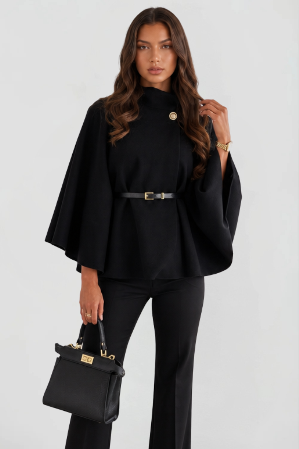 Capejas Dames Oversized met Opstaande Kraag en Ceintuur Elegant
