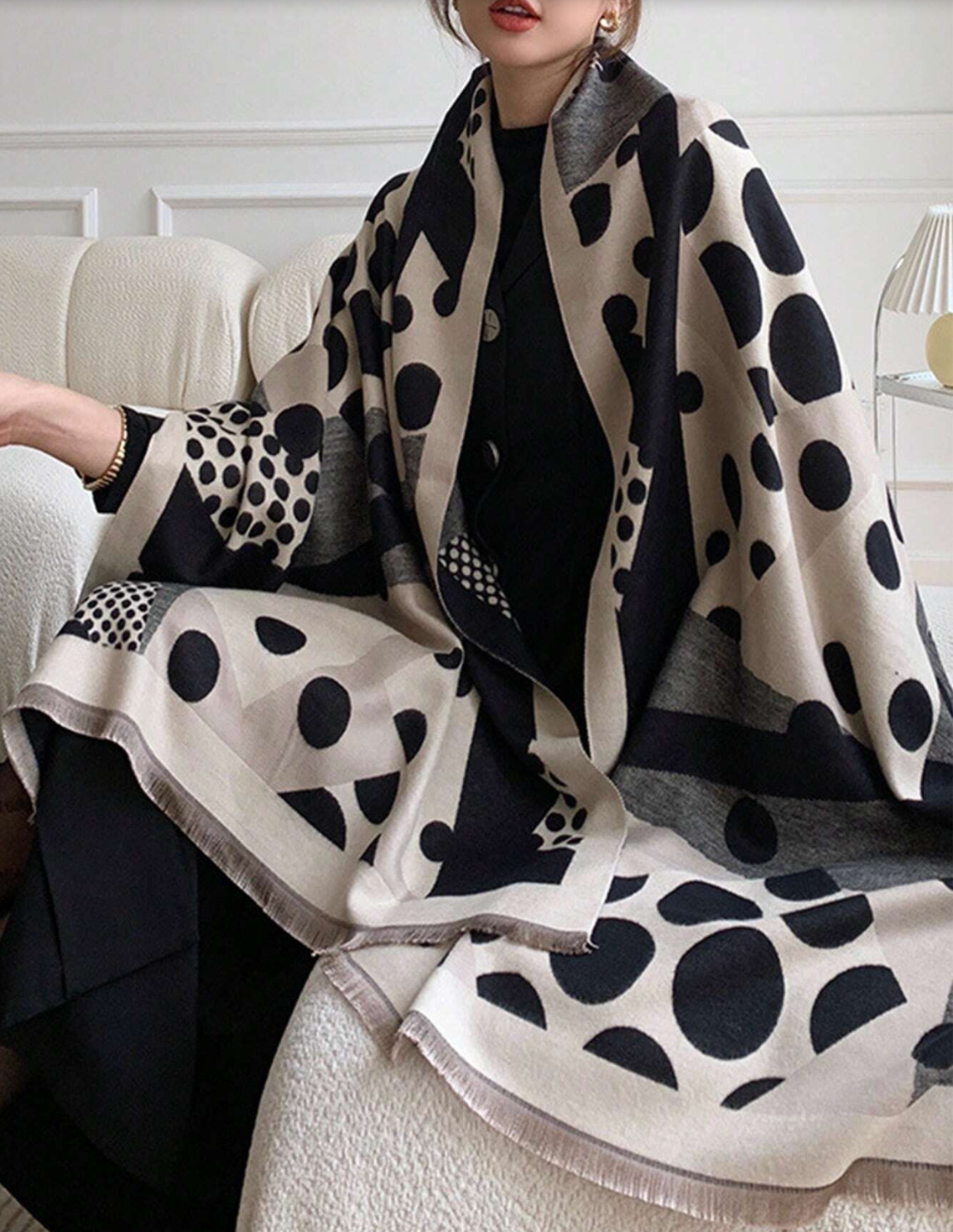 Sjaal Dames Oversized met Grafische Print en Franjes Warm