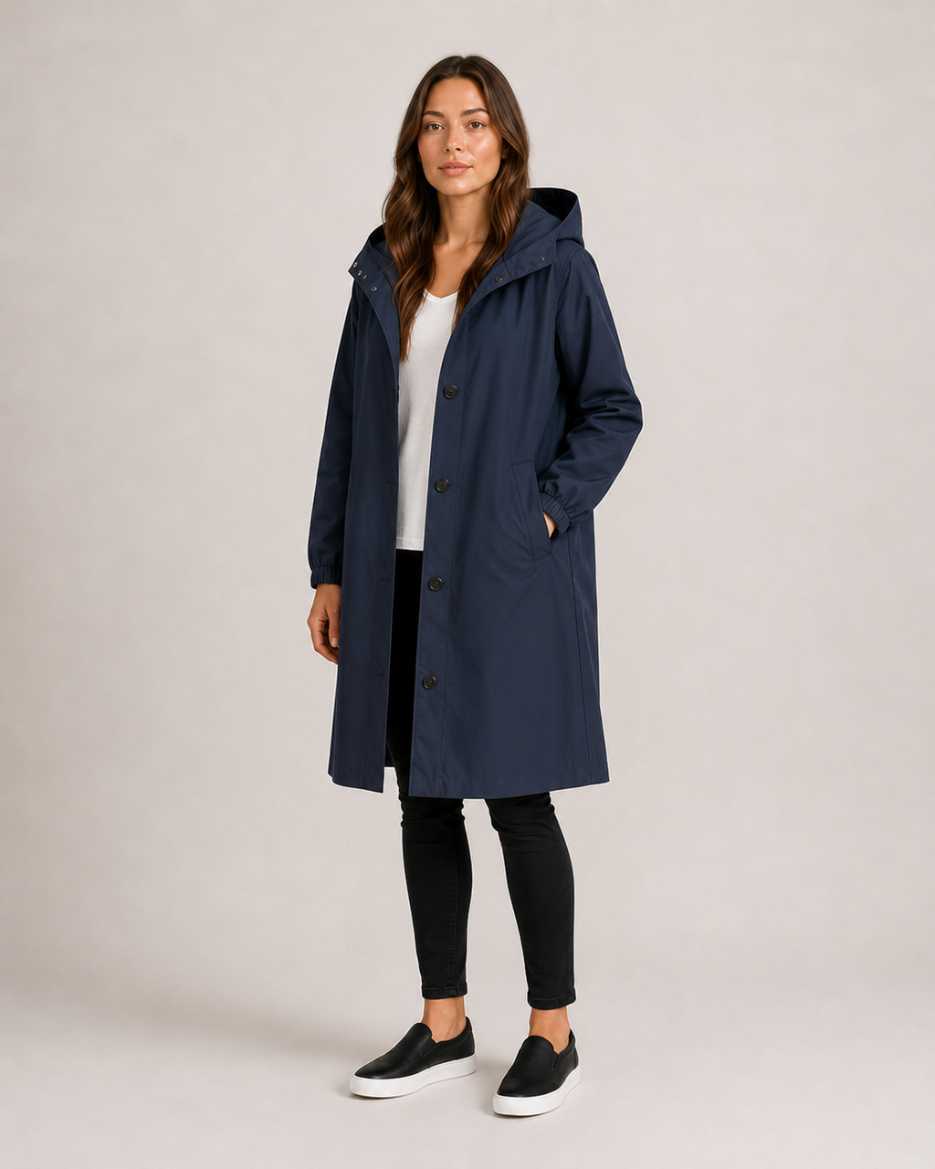 Trenchcoat Dames Halflang met Capuchon en Opstaande Kraag Klassiek