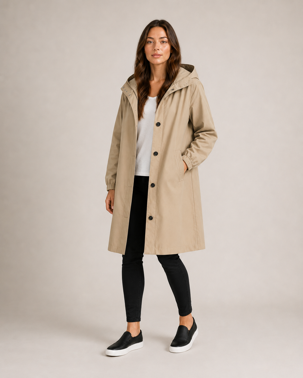 Trenchcoat Dames Halflang met Capuchon en Opstaande Kraag Klassiek