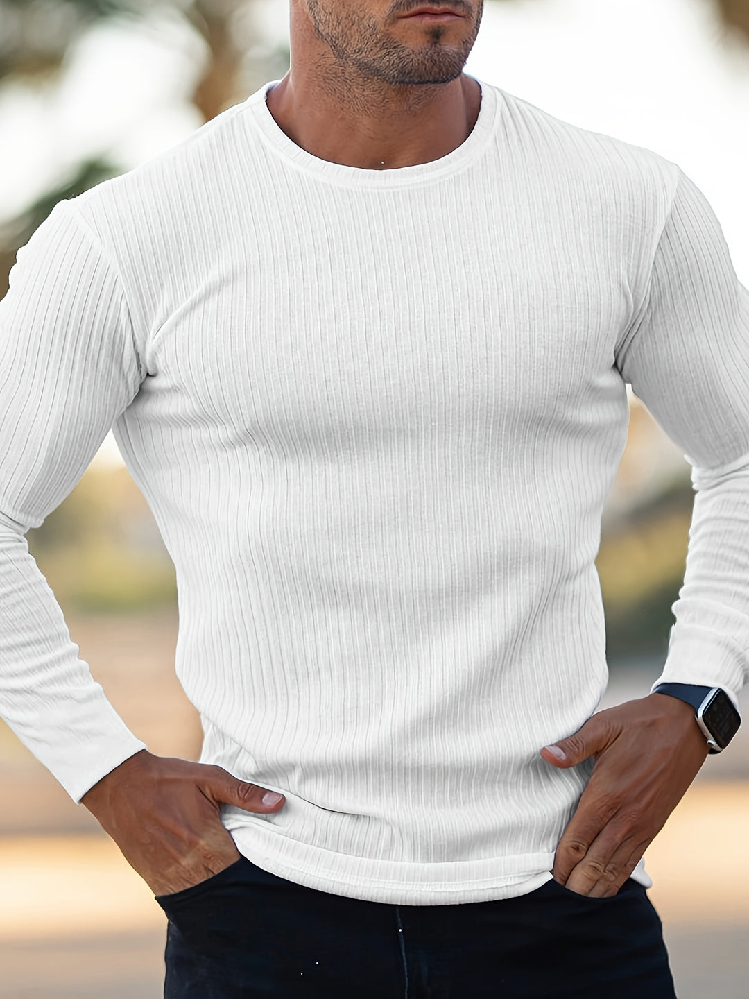 Longsleeve Heren Slim Fit Geribbeld met Ronde Hals Casual