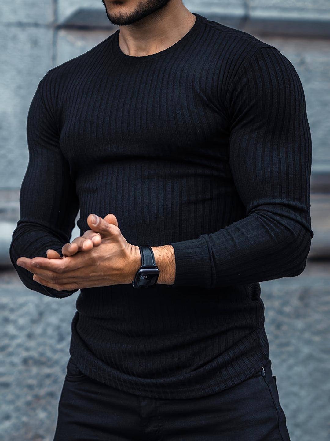 Longsleeve Heren Slim Fit Geribbeld met Ronde Hals Casual