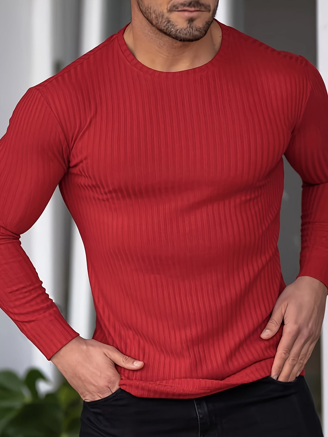 Longsleeve Heren Slim Fit Geribbeld met Ronde Hals Casual