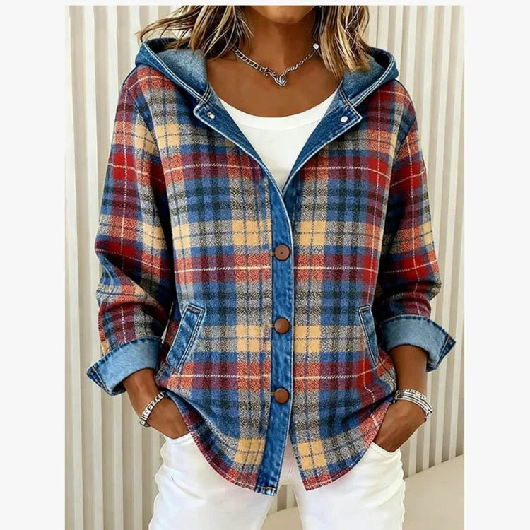 Cardigan Dames Geruit met Capuchon en Knoopsluiting Casual
