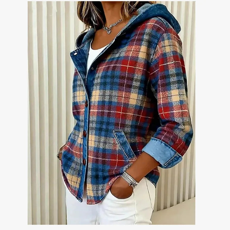 Cardigan Dames Geruit met Capuchon en Knoopsluiting Casual