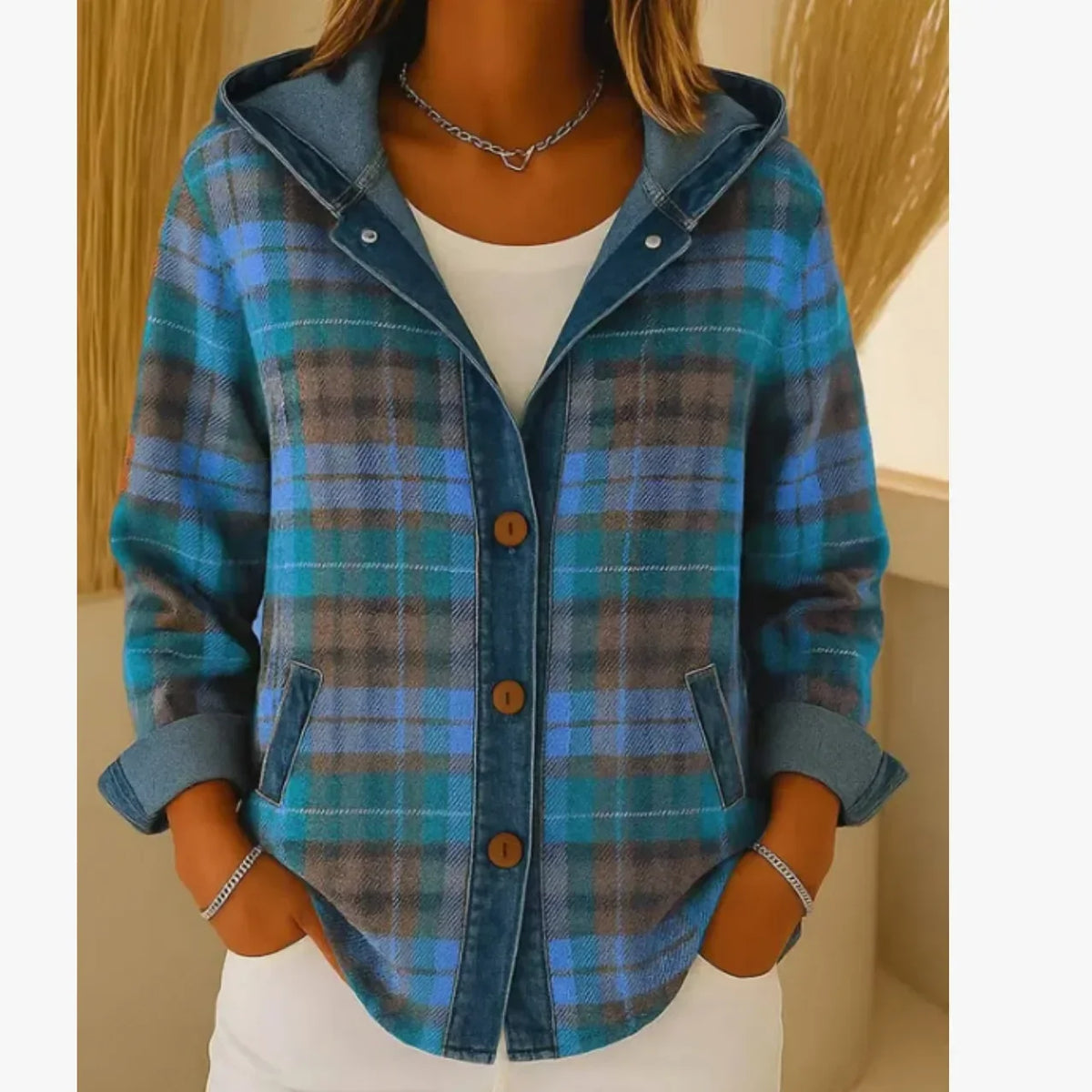 Cardigan Dames Geruit met Capuchon en Knoopsluiting Casual