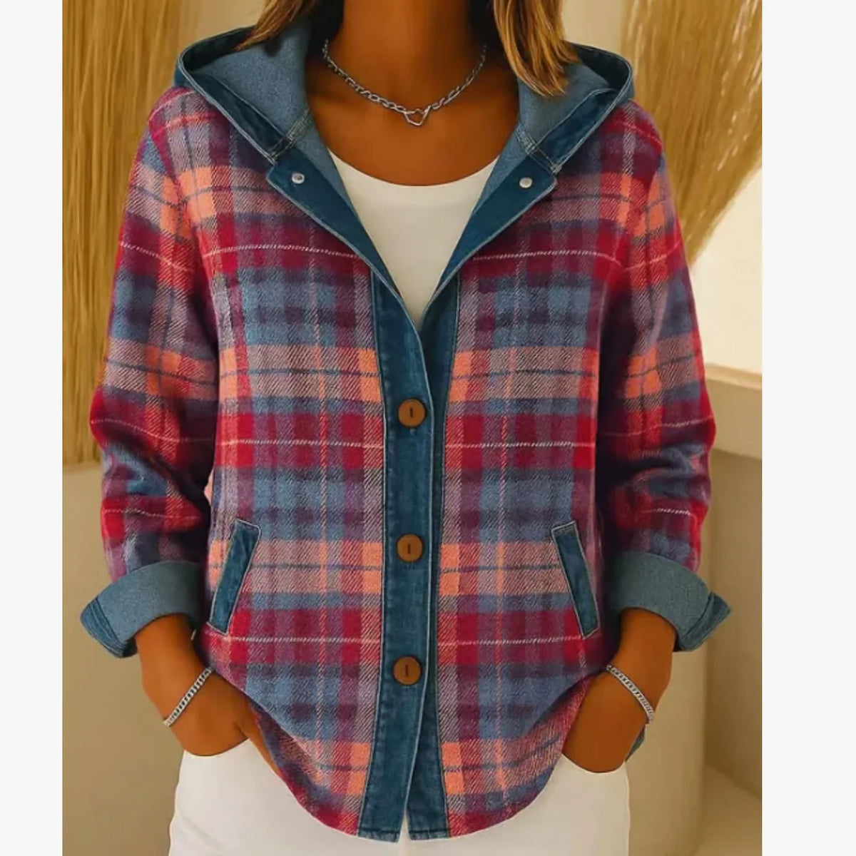 Cardigan Dames Geruit met Capuchon en Knoopsluiting Casual