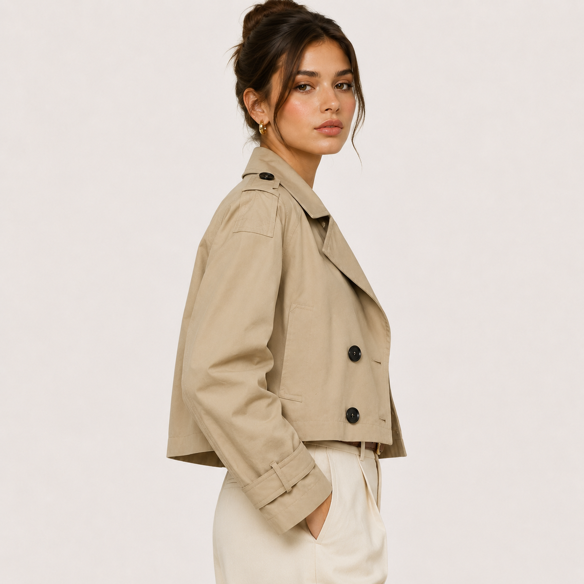 Trenchcoat Dames Kort met Dubbele Knopenrij en Brede Revers Klassiek