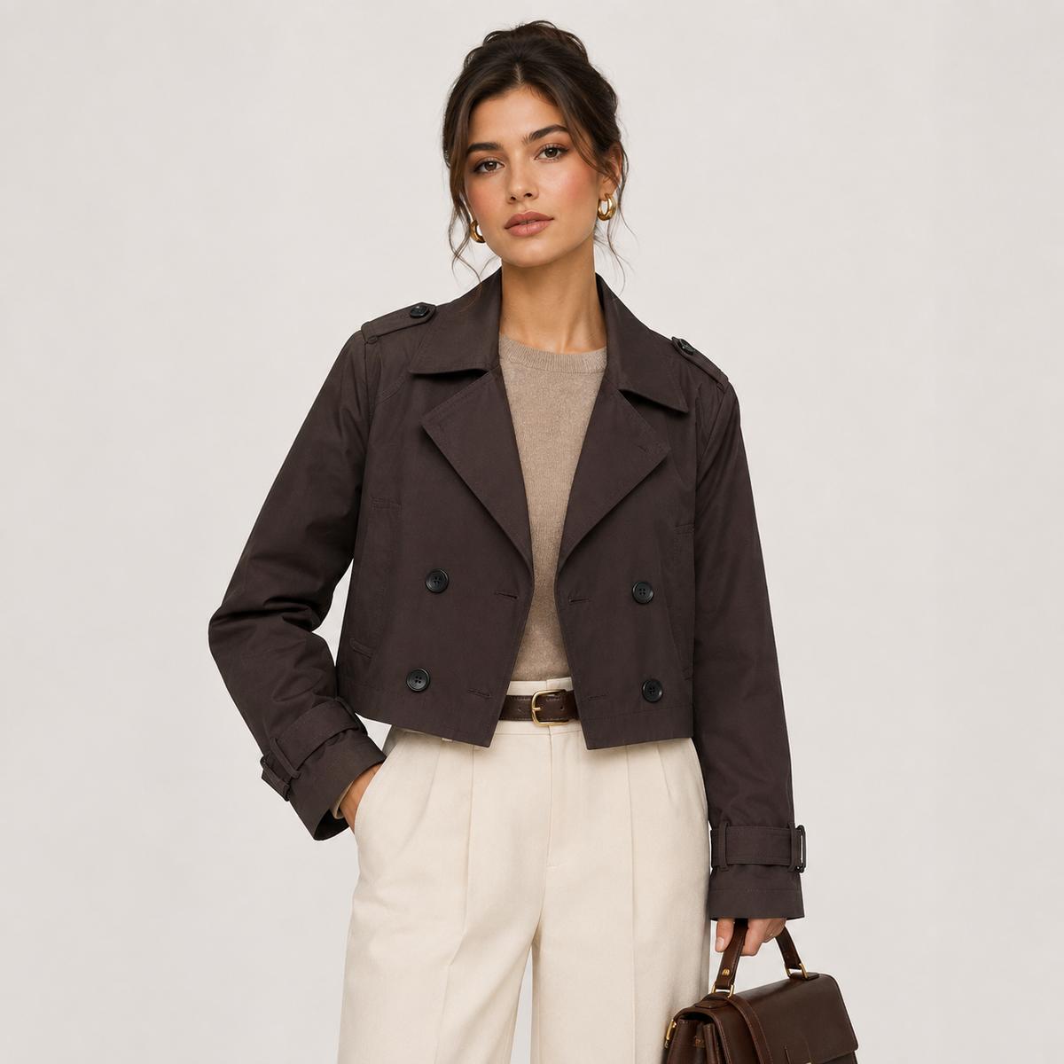 Trenchcoat Dames Kort met Dubbele Knopenrij en Brede Revers Klassiek