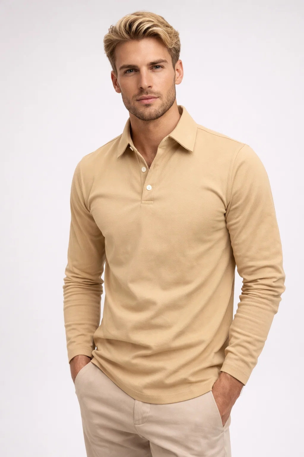 Poloshirt Heren Lange Mouwen met Knoopsluiting Smart Casual