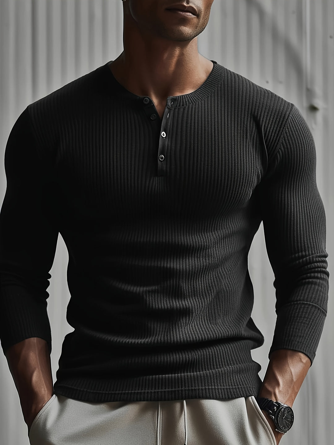 Longsleeve Heren Slim Fit met Henley Hals en Ribstructuur Casual