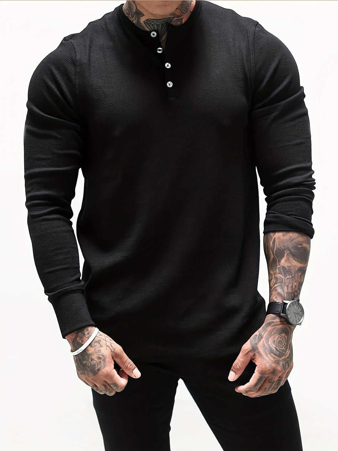 Longsleeve Heren Slim Fit met Henley Hals en Ribstructuur Casual