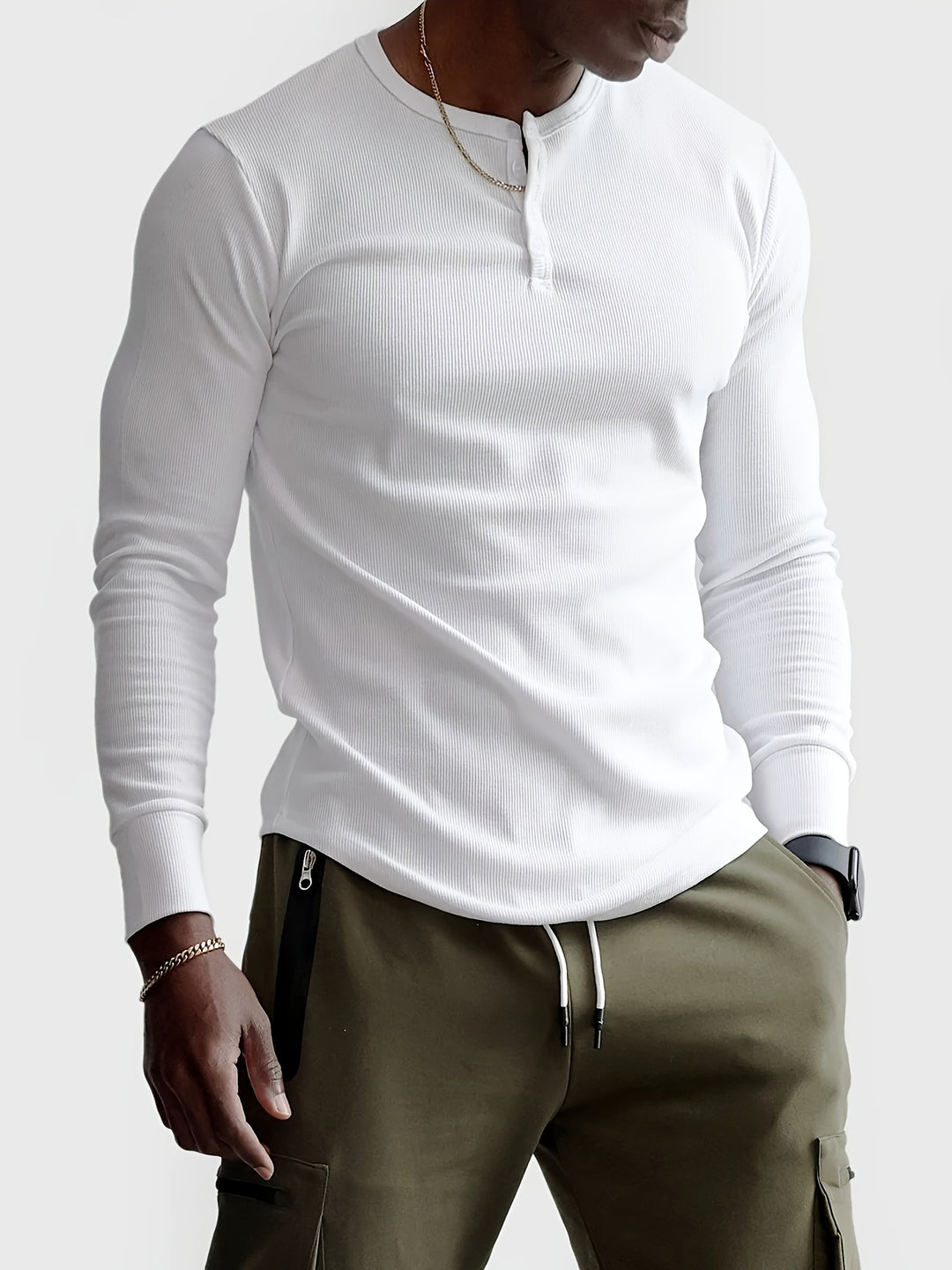 Longsleeve Heren Slim Fit met Henley Hals en Ribstructuur Casual