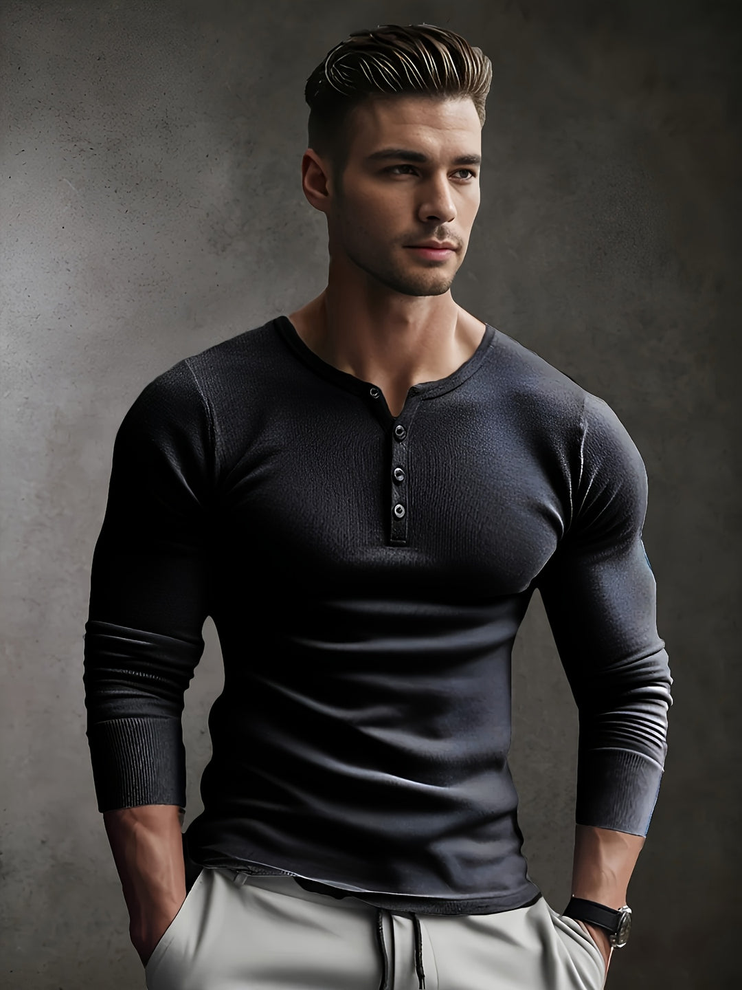 Longsleeve Heren Slim Fit met Henley Hals en Ribstructuur Casual