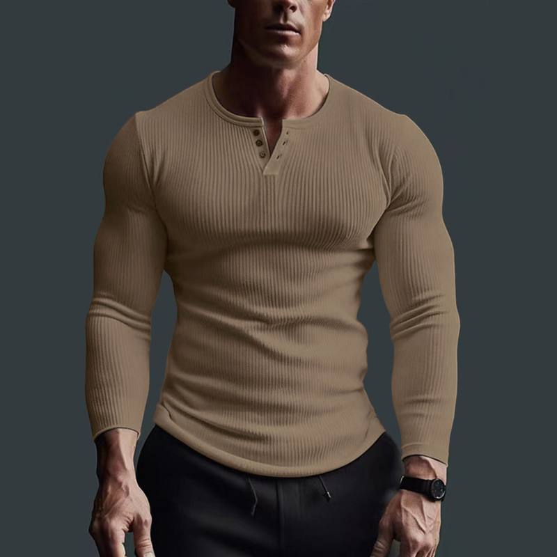 Longsleeve Heren Slim Fit met Henley Hals en Ribstructuur Casual