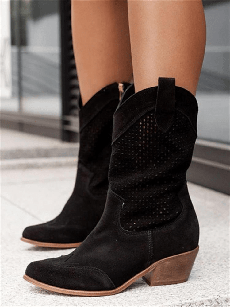 Cowboylaarzen Dames Halfhoog met Gaatjesmotief en Blokhak Trendy
