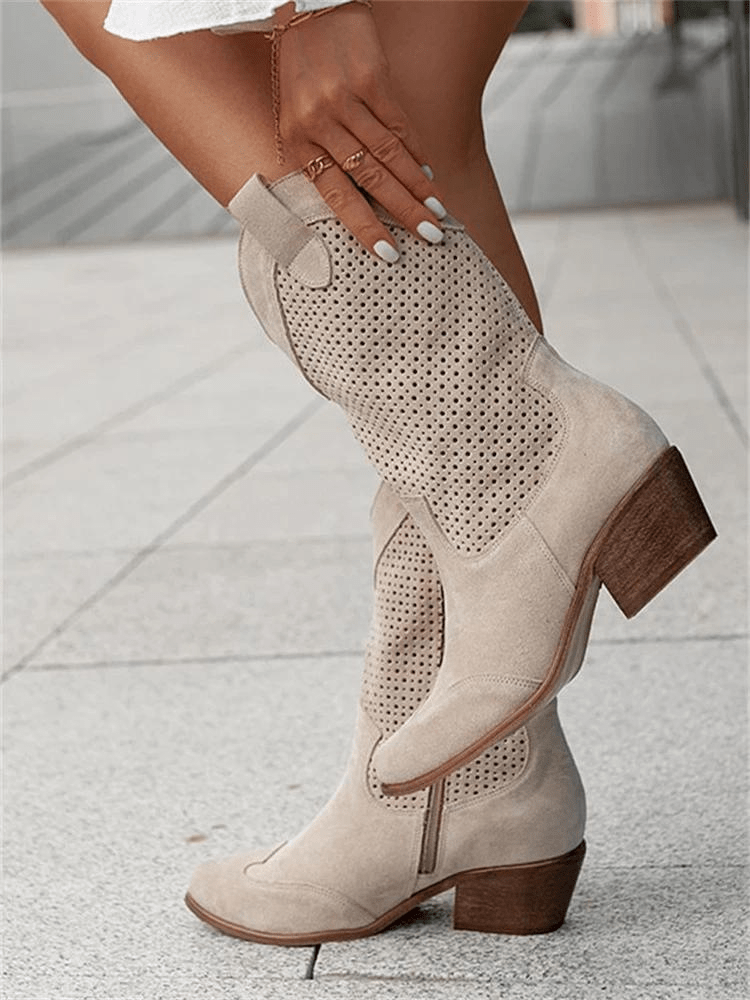 Cowboylaarzen Dames Halfhoog met Gaatjesmotief en Blokhak Trendy