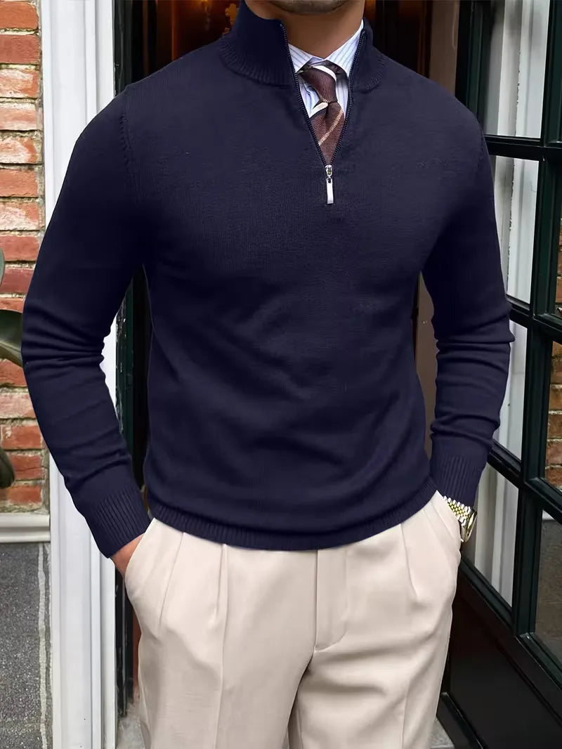 Halfzip Trui Heren Fijngebreid met Opstaande Kraag Smart Casual